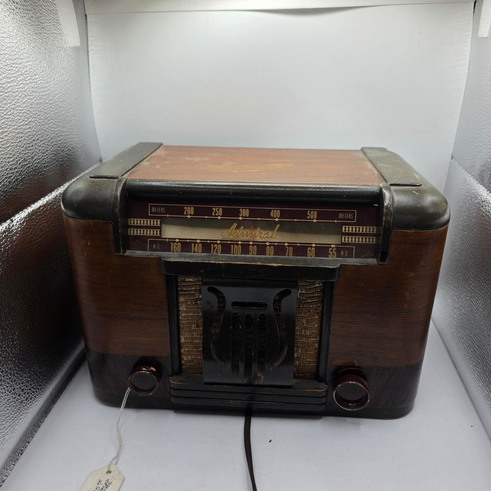 Vintage 1941 Admiral 42C4-B6 Lyre Front Tube Radio Wood Cabinet Works Needs Repa